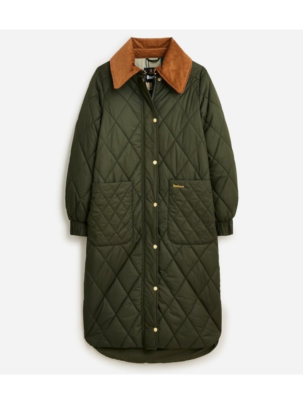Barbour NWT Marsett Quilted Long Coat Size 12 Green Corduroy Collar Tartan Lined